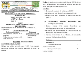 Première page de Histoire-Géographie Tle D — 2e évaluation sommative, 1er semestre (2019-2020) · CEG GBESSOU