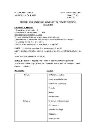Première page de SVT 2nde B, 1ère B, 1ère D, Tle A2, Tle B — 1er devoir surveillé, 1er trimestre (2021-2022) · CEPG La Prunelle de Dieu