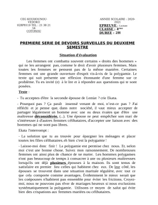 Première page de Français 4e — 1er devoir surveillé, 2e semestre (2020-2021) · CEG Kouhounou-Vêdoko
