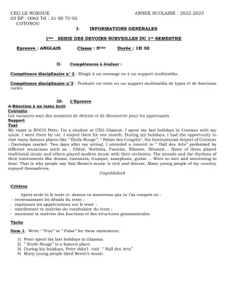 Première page de Anglais 5e — Devoir surveillé, 1er semestre (2022-2023) · CEG LE NOKOUE