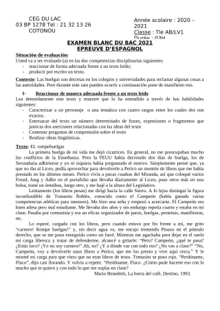 Première page de Examen Blanc de ESPAGNOL — Tle A2, Tle B — CEG du Lac (2020)