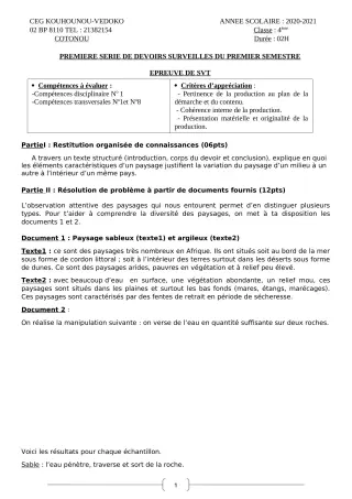 Première page de SVT 4e, 4e ML — 1er devoir surveillé, 1er semestre (2020-2021) · CEG Kouhounou-Vêdoko