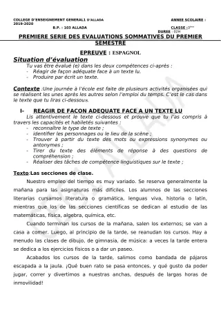 Première page de Espagnol 4e ML, 3e ML, 2nde A & B, 1ère A & B, Tle A & B — 1re évaluation sommative, 1er semestre (2019-2020) · CEG1 Allada