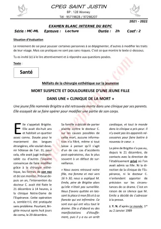 Première page de BEPC blanc 2022 lecture cpeg saint justin