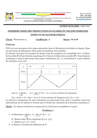 Première page de Mathématiques Tle A2 — 1re production scolaire, 2e semestre (2020-2021) · CEG ONIGBOLO