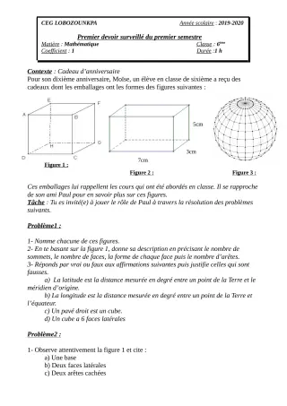 Première page de Mathématiques 6e — 1er devoir surveillé, 1er semestre (2019-2020) · CEG Lobozounkpa
