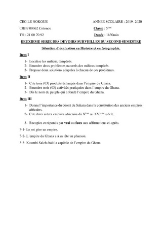 Première page de Histoire-Géographie 5e — 2e devoir surveillé, 2e semestre (2019-2020) · CEG LE NOKOUE