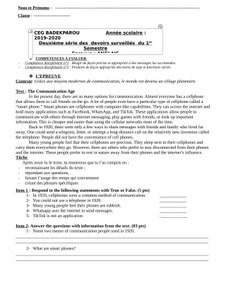 Première page de Anglais 4e, 4e ML — 2e devoir surveillé, 1er semestre (2019-2020) · CEG BADEKPAROU
