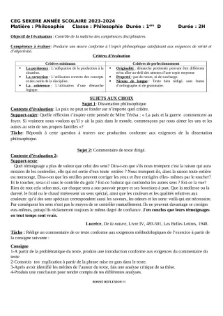 Première page de Devoir surveillé de PHILO — 1ère D — CEG SEKERE (2023)