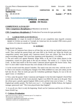 Première page de Anglais 2nde A2, 2nde B — Composition, 1er trimestre (2019-2020) · CPEG LICA