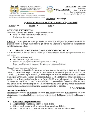 Première page de Espagnol 4e — 1re production scolaire, 2e semestre (2022-2023) · CEG1 Ikpinlè