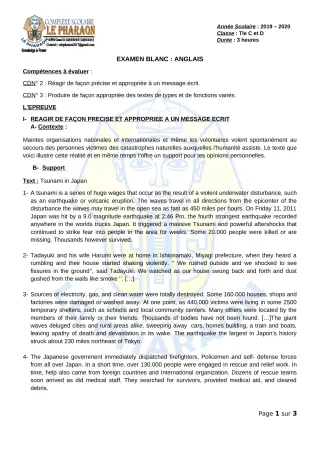Première page de Examen Blanc de ANGLAIS — Tle C, Tle D — CPEG LE PHARAON (2019)