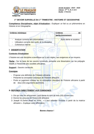 Première page de Histoire-Géographie 2nde A, 2nde A1, 2nde A2, 2nde B, 2nde C, 2nde D — 1er devoir surveillé, 1er trimestre (2019-2020) · CPEG LE PHARAON
