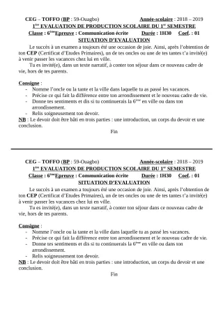 Première page de Français 6e — 1re production scolaire, 1er semestre (2018-2019) · CEG - TOFFO