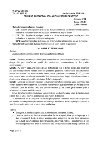 Première page de PCT Tle C — 2e production scolaire, 1er semestre (2019-2020) · CEG SEGBEYA