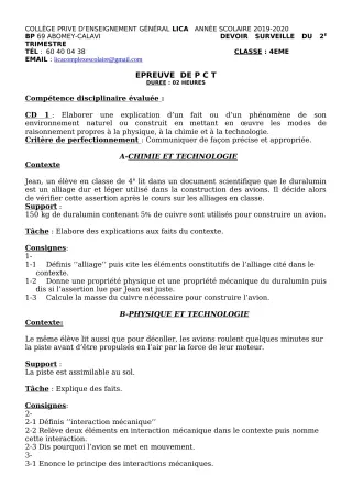 Première page de PCT 4e — 1er devoir surveillé (2019-2020) · CPEG LICA