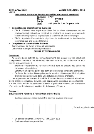 Première page de PCT 1ère D — 2e devoir surveillé, 2e semestre (2019-2020) · CEG1 APLAHOUE