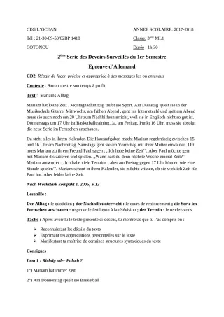 Première page de Allemand Tle A2, Tle B — 2e devoir surveillé, 1er semestre (2017-2018) · CEG l'Océan