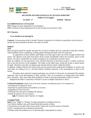 Première page de Anglais 4e — 2e devoir surveillé, 2e semestre (2023-2024) · CEG SEKERE