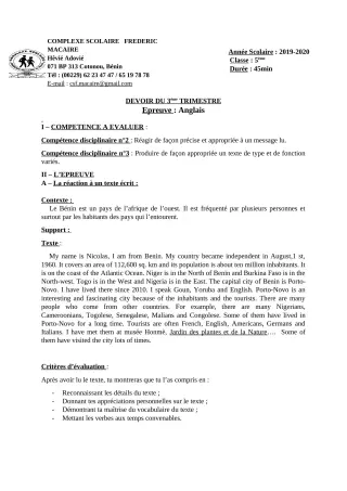 Première page de Anglais 6e, 5e, 4e, 4e ML — Devoir surveillé, 3e trimestre (2019-2020) · CPEG Frédéric Macaire