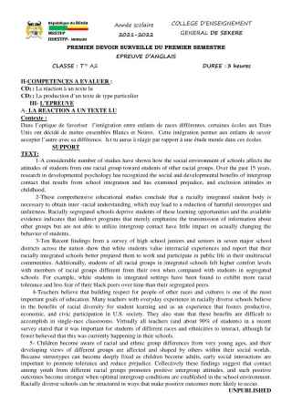 Première page de Anglais Tle A2 — 1er devoir surveillé, 1er semestre (2021-2022) · CEG SEKERE