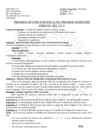 Première page de SVT 6e — 1er devoir surveillé, 1er semestre (2020-2021) · CEG FIYEGNON