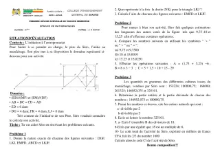 Première page de Mathématiques 6e — 1er devoir surveillé, 2e semestre (2021-2022) · CEG SEKERE