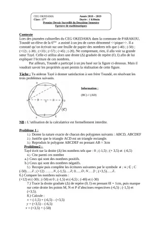 Première page de Mathématiques 5e — 1er devoir surveillé, 2e semestre (2018-2019) · CEG OKEDAMA