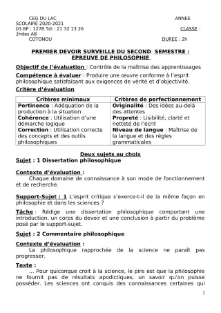 Première page de Philosophie 2nde A, 2nde B — 1er devoir surveillé, 2e semestre (2020-2021) · CEG du Lac