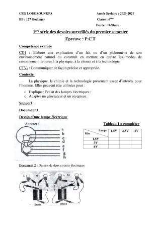 Première page de PCT 6e — 1er devoir surveillé, 1er semestre (2020-2021) · CEG Lobozounkpa