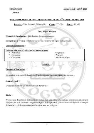 Première page de Philosophie Tle C, Tle D — 2e devoir surveillé, 2e semestre (2019-2020) · CEG ZOGBO