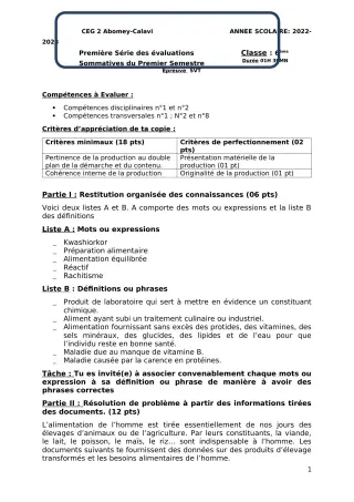 Première page de SVT 6e — 1re évaluation sommative, 1er semestre (2022-2023) · CEG2 ABOMEY - CALAVI (CEG ZOCA)