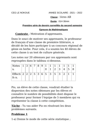 Première page de Mathématiques 1ère A1, 1ère A2, 1ère B — 1er devoir surveillé, 2e semestre (2021-2022) · CEG LE NOKOUE