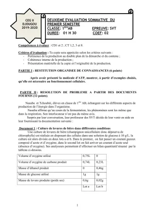 Première page de SVT 1ère A2, 1ère B — 2e évaluation sommative, 1er semestre (2019-2020) · CEG 2 Djougou