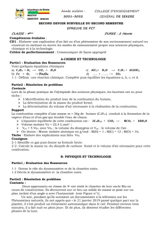 Première page de PCT 4e — 2e devoir surveillé, 2e semestre (2021-2022) · CEG SEKERE
