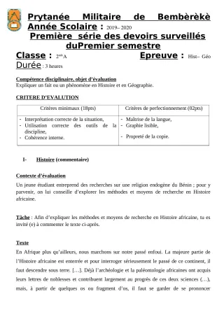 Première page de Histoire-Géographie 2nde A — 1er devoir surveillé, 1er semestre (2019-2020) · PMB
