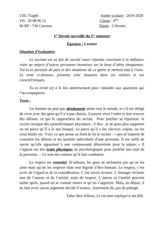 Première page de Français 4e — 1er devoir surveillé, 1er semestre (2019-2020) · CEG Yagbe