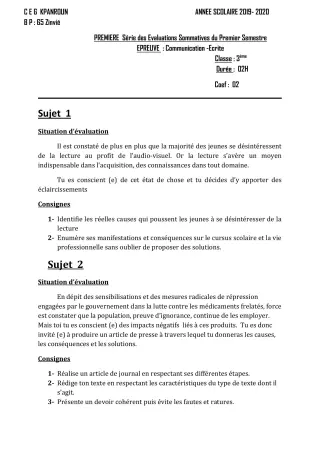 Première page de Français 3e — 1re évaluation sommative, 1er semestre (2019-2020) · CEG Kpanroun