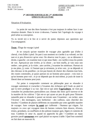 Première page de Français 4e, 4e ML — 2e devoir surveillé, 2e semestre (2019-2020) · CEG Yagbe