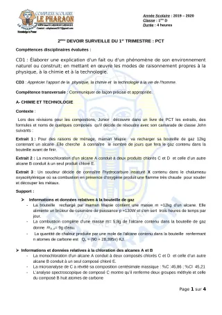 Première page de PCT 1ère D — 2e devoir surveillé, 1er trimestre (2019-2020) · CPEG LE PHARAON