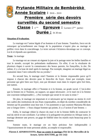Première page de Français 4e — 1er devoir surveillé, 2e semestre (2018-2019) · PMB