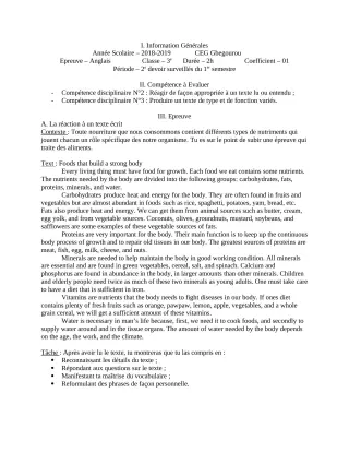Première page de Anglais 3e, 3e ML — 2e devoir surveillé, 1er semestre (2018-2019) · CEG Gbegourou