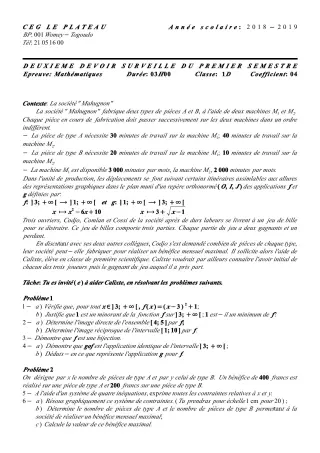 Première page de Mathématiques 1ère D — 2e devoir surveillé, 1er semestre (2018-2019) · CEG Le Plateau