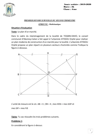 Première page de Mathématiques 4e, 4e ML — 1er devoir surveillé, 2e trimestre (2019-2020) · CPEG ROSAIRE