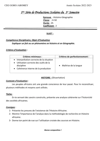 Première page de Histoire-Géographie 2nde A2 — 1re production scolaire, 1er semestre (2022-2023) · CEG GOHO