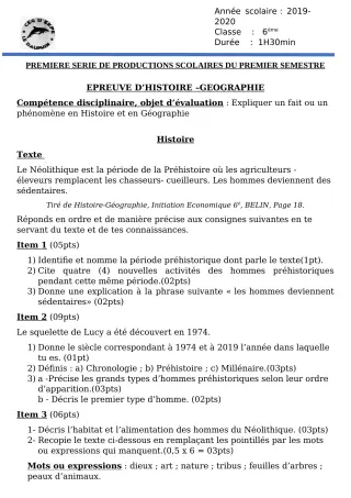 Première page de Histoire-Géographie 6e, 5e, 4e, 4e ML, 4e ML&MC, 3e, 3e ML — 1re production scolaire, 1er semestre (2019-2020) · CEG II EKPE