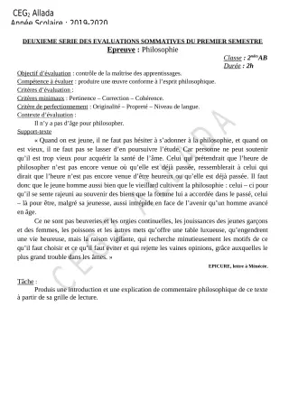 Première page de Philosophie 2nde A & B, 2nde D, 1ère D — 2e évaluation sommative, 1er semestre (2019-2020) · CEG 2 Allada