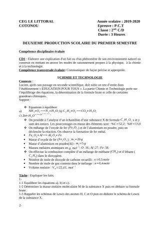 Première page de PCT 2nde D — 2e production scolaire, 1er semestre (2019-2020) · CEG Le Littoral