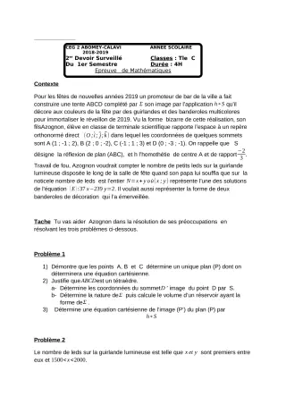 Première page de Mathématiques Tle C — Devoir surveillé, 1er semestre (2018-2019) · CEG2 ABOMEY - CALAVI (CEG ZOCA)