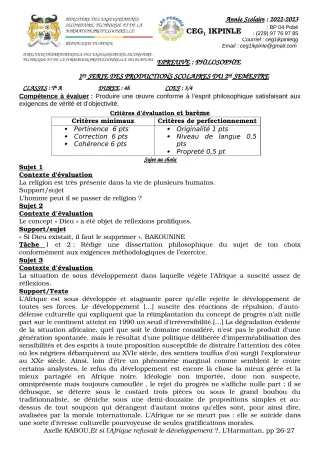Première page de Philosophie Tle A1, Tle A2 — 1re production scolaire, 2e semestre (2022-2023) · CEG1 Ikpinlè